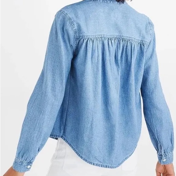 Madewell Popover Top Womens Emmie Wash Denim Shirred Long Sleeve Size XXS - Picture 2 of 14